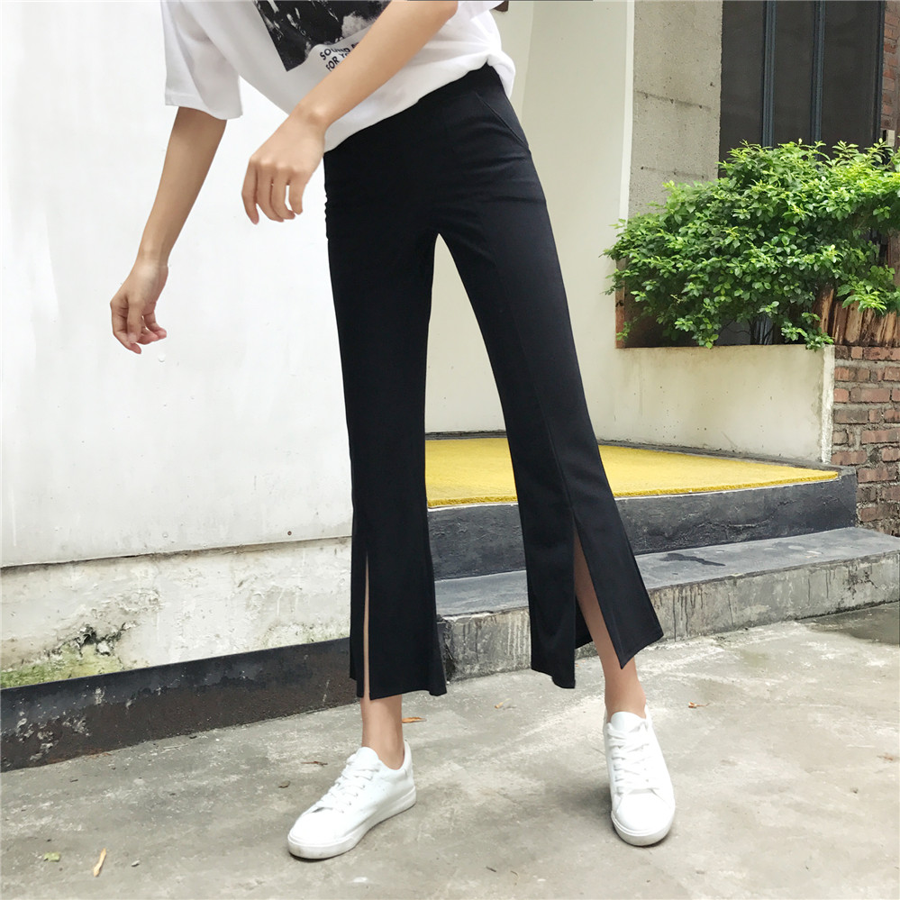 Real shot high waist split wide leg pants with drooping feeling women's Micro trumpet cropped pants versatile black casual pants