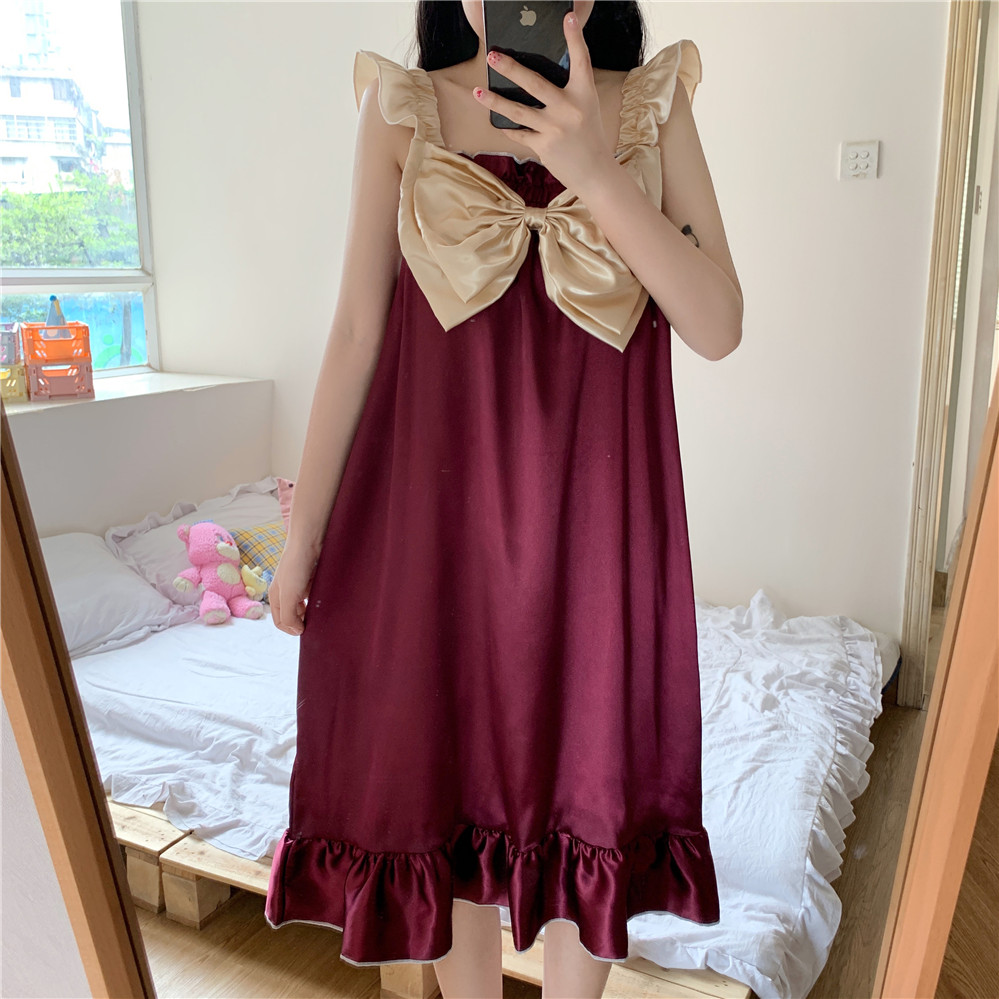 Real shooting new style suspender nightdress women's summer wear thin lovely sweet bow ice silk pajamas home wear