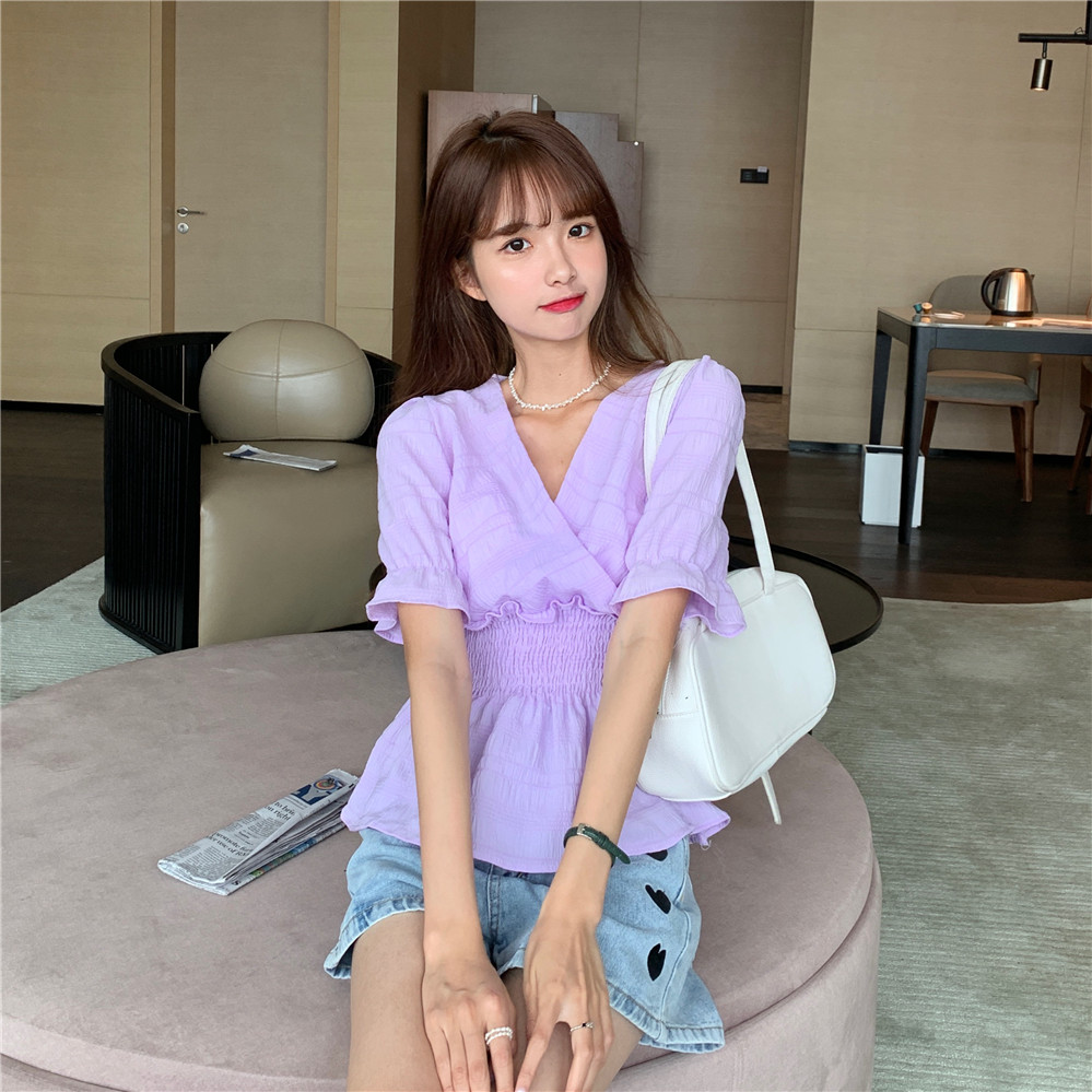 Real shot Summer Short Sleeve Shirt women's V-neck close waist show thin chiffon shirt design feel foreign style small shirt