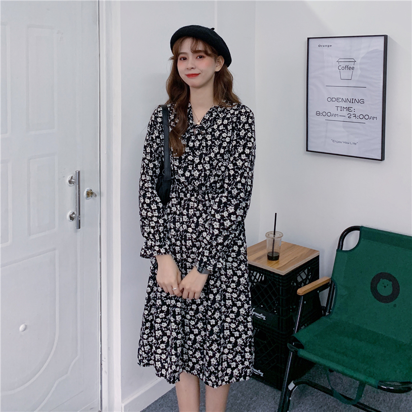 Real shot Korean version 2020 winter new small Floral Chiffon dress children's waist mid length skirt