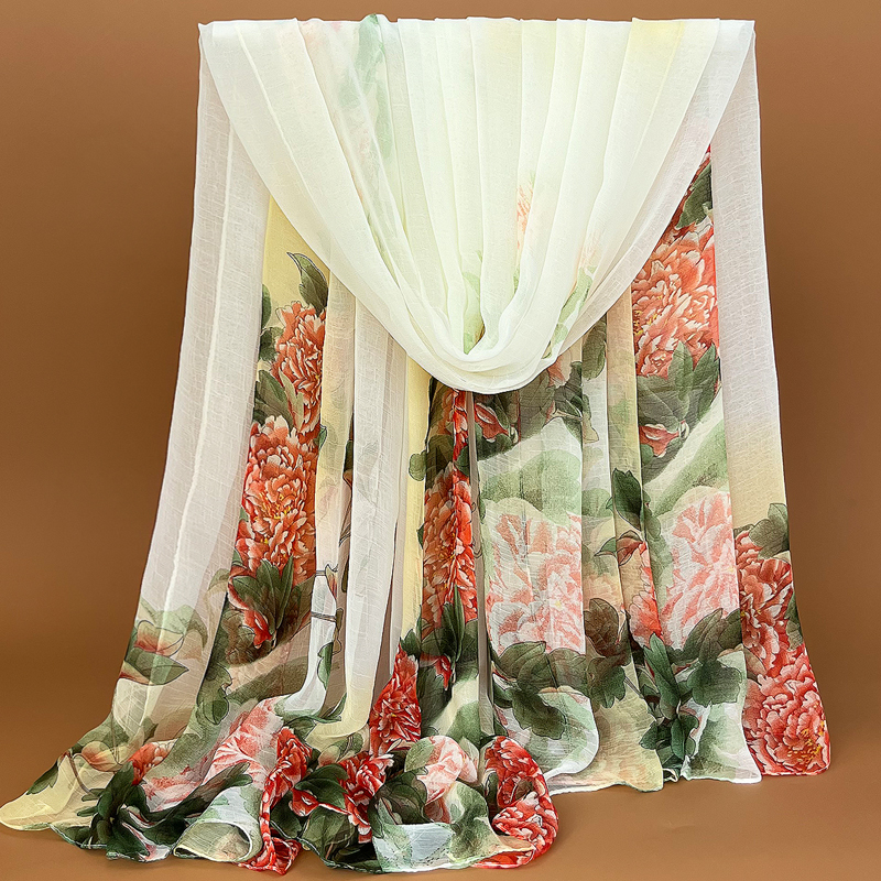 新款印花丝巾长款秋冬保暖围巾白色鳄鱼皱纱巾夏百搭防晒披肩两用