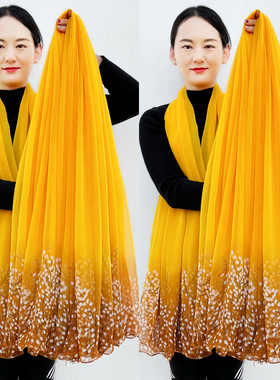 时尚女士围巾秋冬季洋气妈妈纱巾金黄色鳄鱼皱丝巾超长款舞蹈披肩