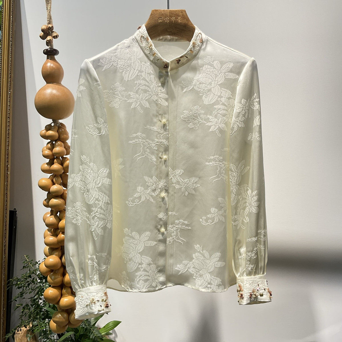 七七设计中式桑波段提花领口袖口绣花手工订珠上衣小衫YS2-t216