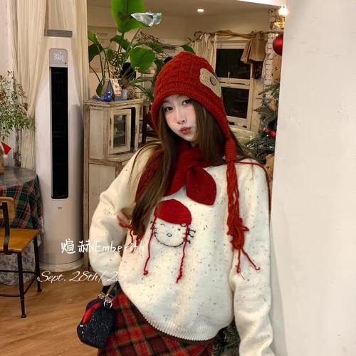 七七设计帽猫猫头撞色圆领彩点款时尚百搭保暖毛衣S1-BL4899