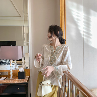 七七设计国风新中式-香槟色上衣高贵醋酸扎染小衫(不含下装)C078