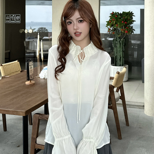 ysj 不含下装 Y391 荷叶领绑带小衫 七七26夏上新精致刺绣边法式