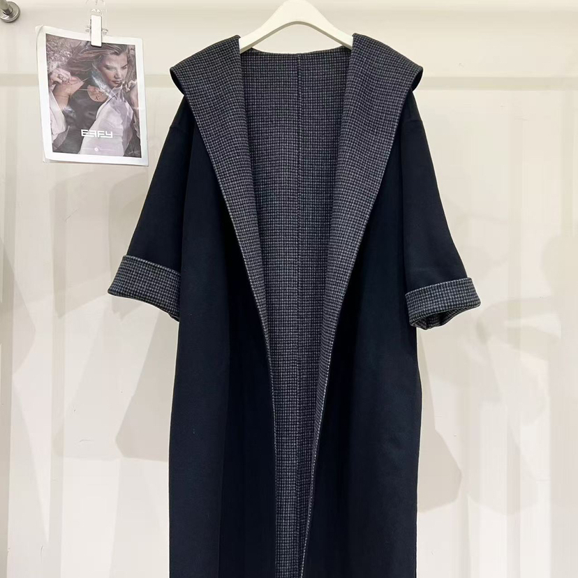 七七格双面呢连帽设计感长袖羊毛外套配腰带含20羊绒82-356