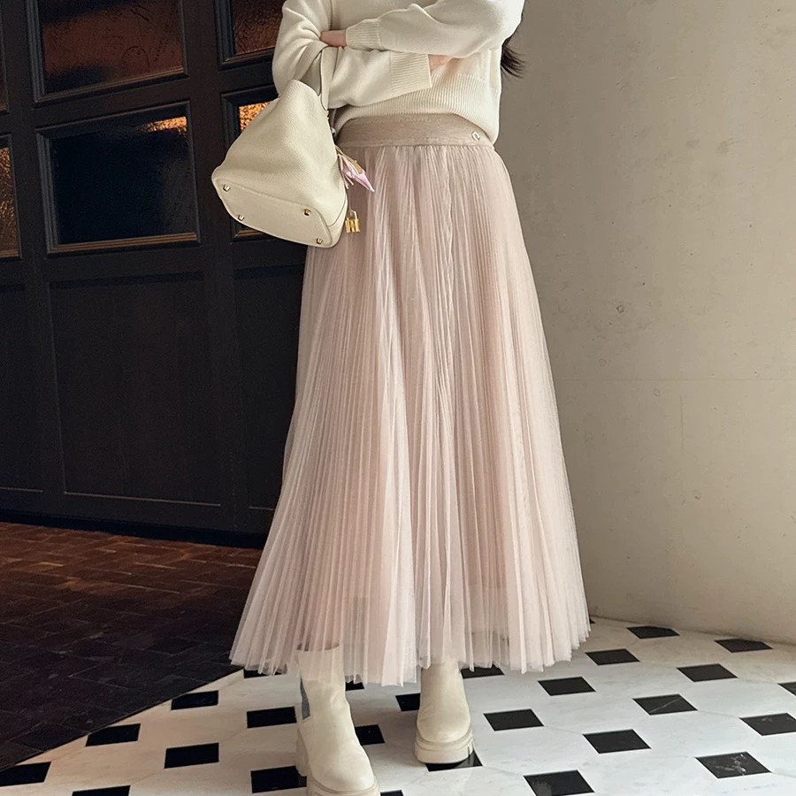 七七早春2026年早春上新时尚网纱压褶毛织半身裙（含100羊毛）237,女装/女士精品,半身裙,淘宝优惠券,粉丝福利购,淘宝优惠卷