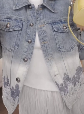 七七26年春款女装新中式蕾丝拼接牛仔外套CS-002