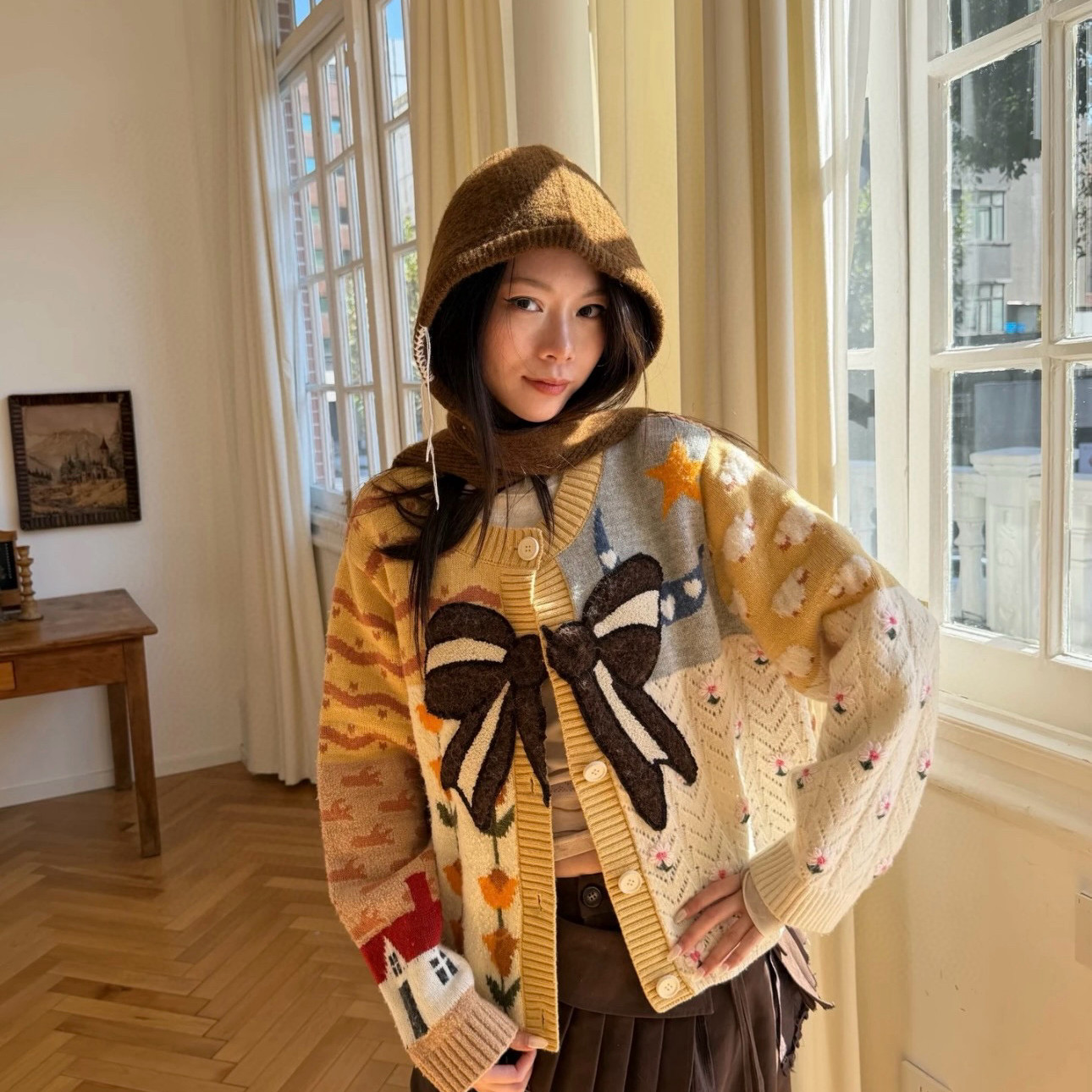 七七设计小众设计师潮牌花朵提花蝴蝶结拼色保暖毛衣V960,女装/女士精品,毛针织衫,淘宝优惠券,粉丝福利购,淘宝优惠卷