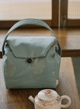 慢蓝鱼戏莲叶间紫色粉色绿色蓝色一壶两杯织锦茶事包茶具收纳包