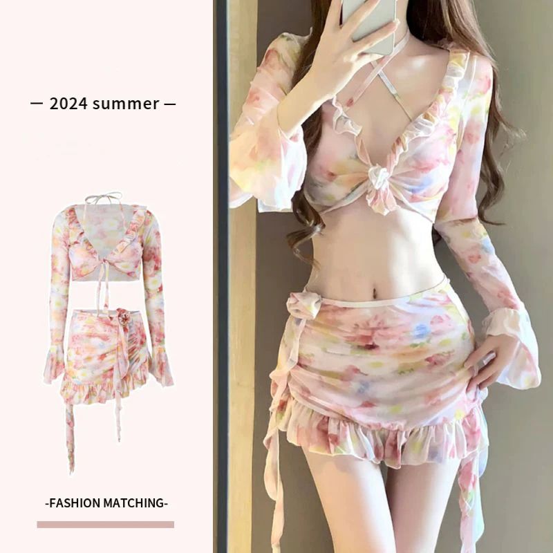 Sexy Floral Print Split Bikini Set Women 4pcs/set Hollow Pus