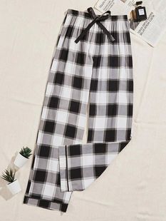 Drawstring Pajama Plaid Waist Pants Elastic Wide Long Leg