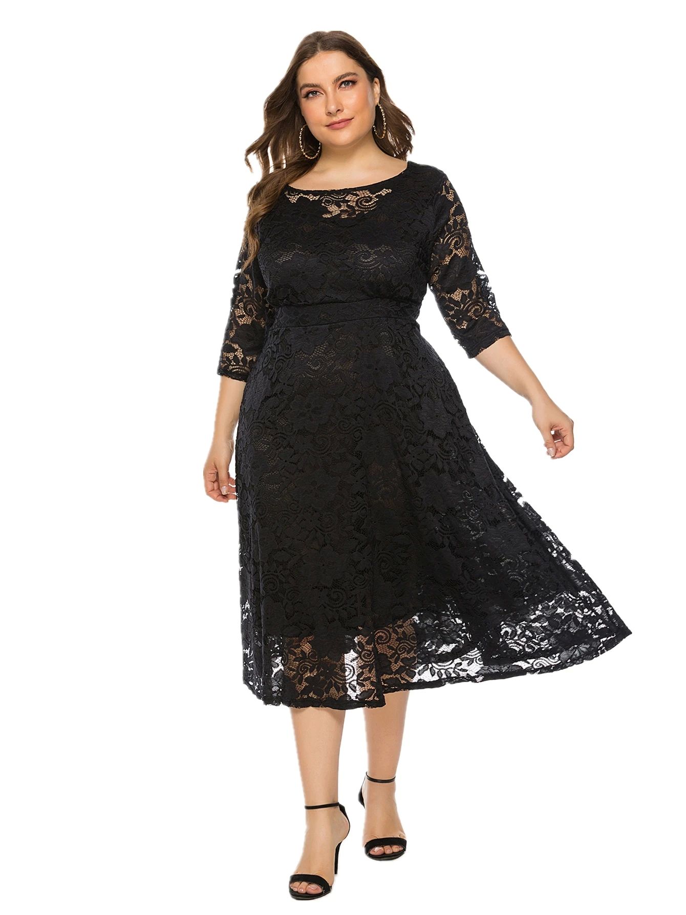 Plus Size Contrast Lace Half Sleeve Semi Sheer Midi Prom Par