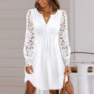 Women Spring Lace Floral Mini Dress Ladies Button V Neck Lon