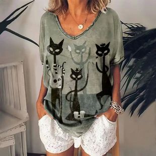 Retro Women Clothes Cat Graphic Shirt Girl Anime Summer