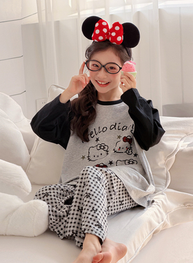 女童HelloKitty卡通印花睡衣春秋小女孩可爱风长袖纯棉家居服套装