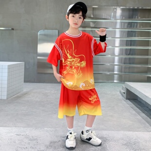 男童夏季印花篮球服大童男孩冰丝凉感套装儿童六一运动红色比赛服