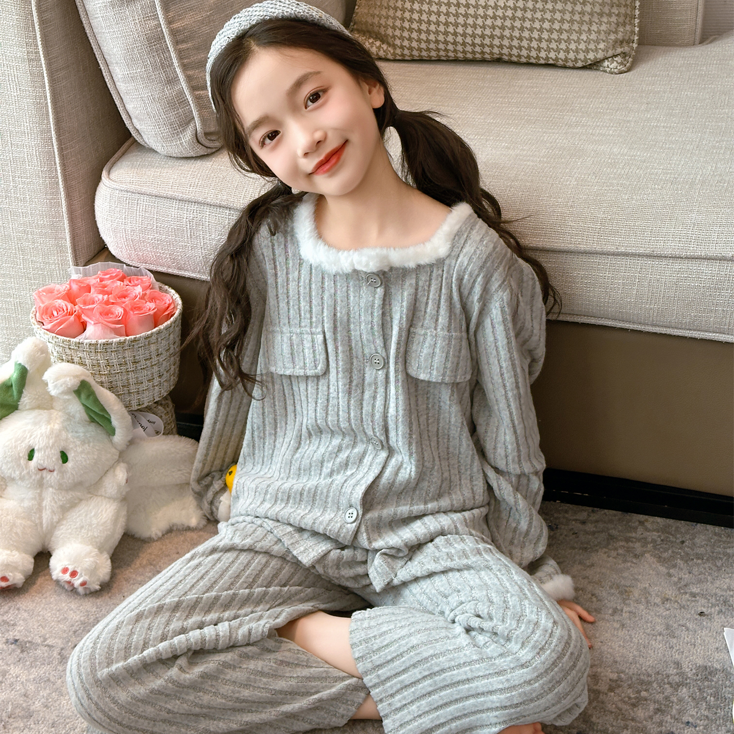 儿童睡衣加厚款毛绒家居服两件套