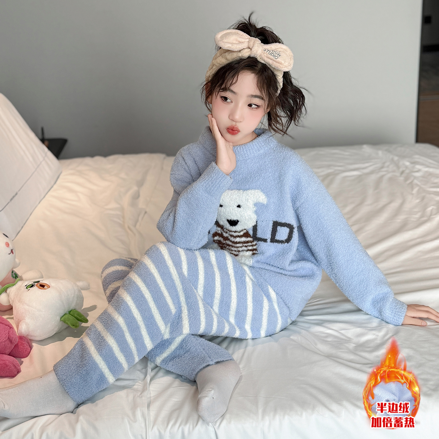 女童睡衣秋冬款半边绒家居服套装