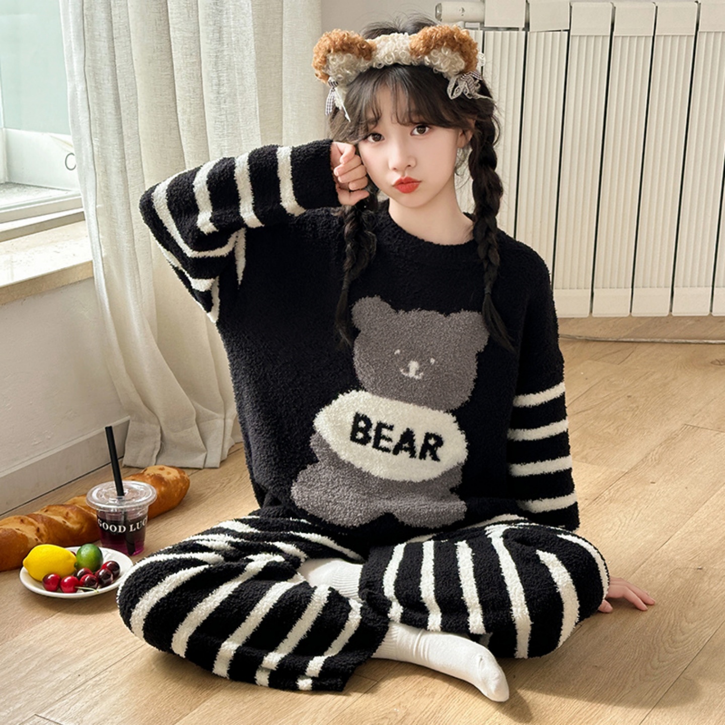 女童睡衣半边绒卡通家居服两件套