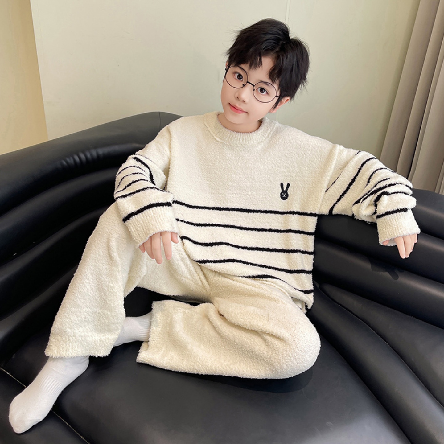 男童半边绒睡衣法兰绒家居服套装