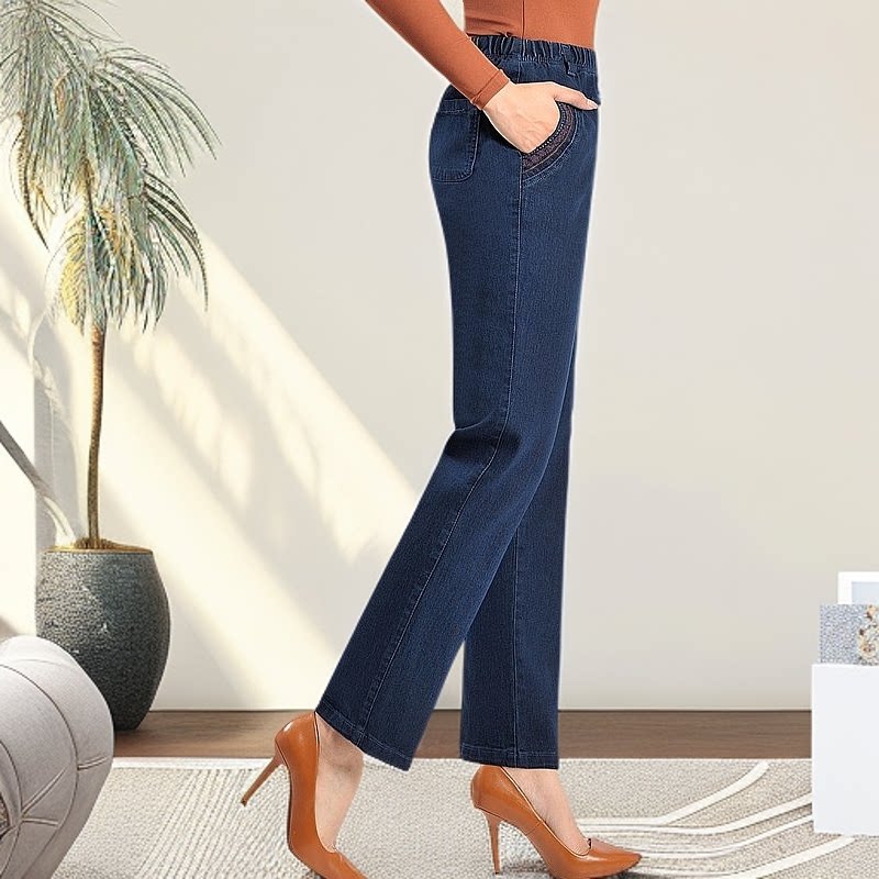 中老年女裤宽松直筒松紧腰春秋休闲妈妈直筒牛仔裤女新款高腰大码