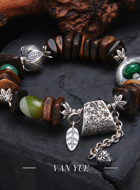 s925纯银天然檀香木玉石手链女款轻奢小众新中式个性饰品礼物