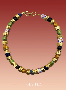 中古项链Vintage古董重工手串天然石琉璃陶瓷拼接项链手链套装