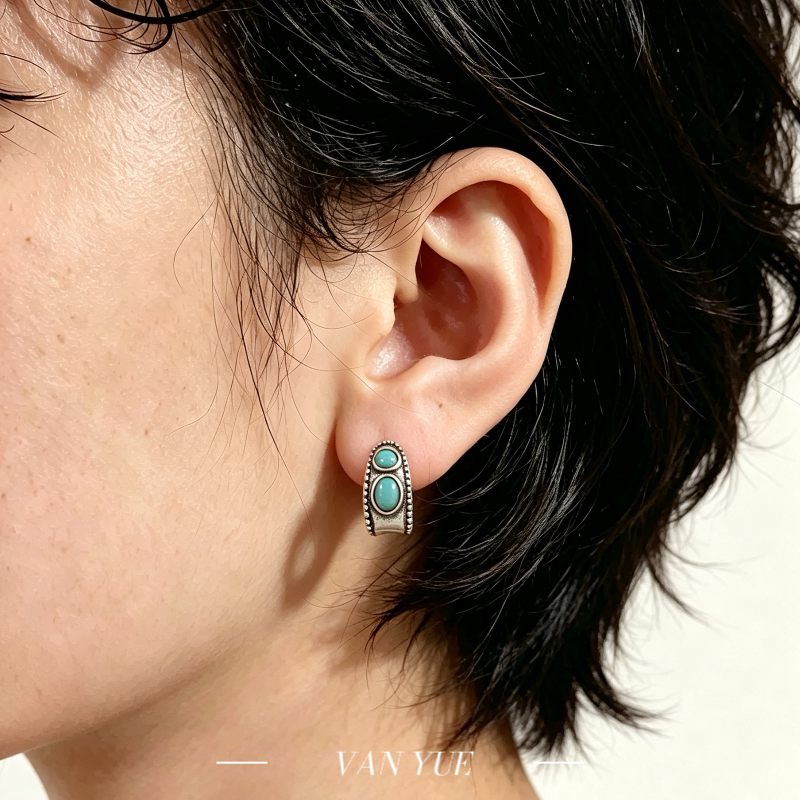 天然原矿湖北绿松石耳环925银镶嵌绿松石耳环男女同款耳环