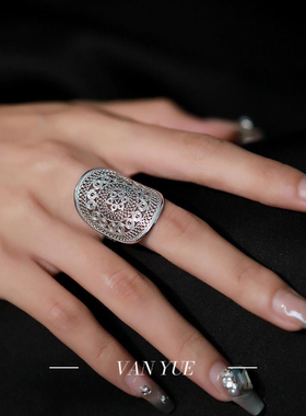 新中式足银999 苗族镂空花纹宽面戒指女复古小众民族风可调节指环