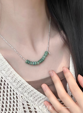 S925银翡翠算盘珠平安喜乐牌碎银项链女小众设计感锁骨链