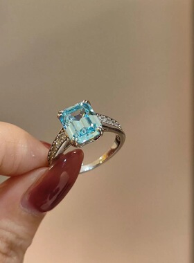 S925纯银长方形海蓝宝戒指女精致百搭高级品质跨境新款高碳钻指环