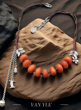 S925纯银柿子麦穗天然老蜜蜡随形饼子项链 复古做旧民族风锁骨链