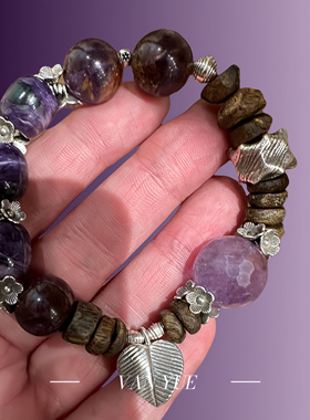 S925银紫水晶切面圆珠桶珠九分沉椅楠沉香弹力手串新中式小众设计