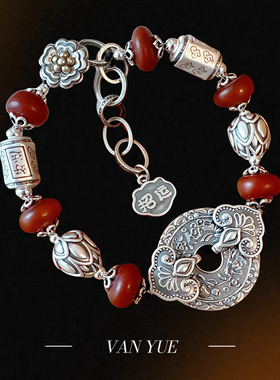 足银999素色民族风复古小众手串鸟语花香蜜蜡手链新中式礼物