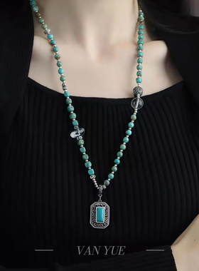 S925银黄绿松石圆珠方形镶嵌吊坠项链毛衣链