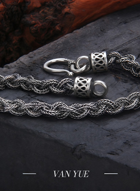 S925纯银复古做旧麻花编织手链男女个性男士粗手饰泰银民族风链子