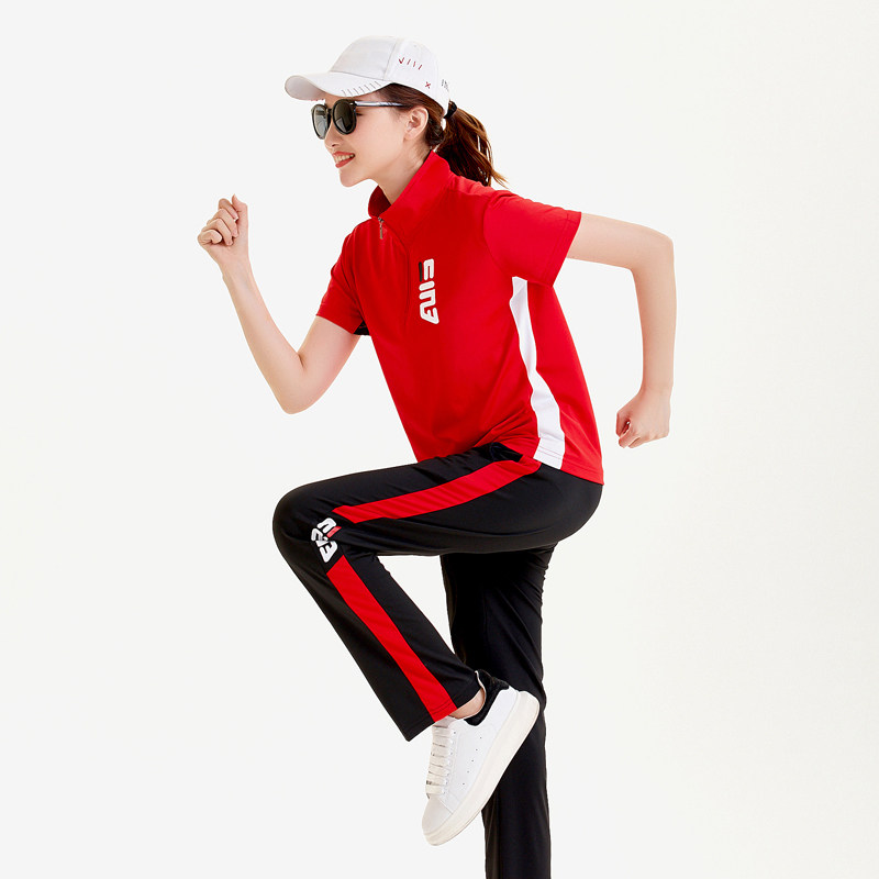 短袖运动服跑步夏季休闲情侣款运动套装男女长裤健身操立领团体服