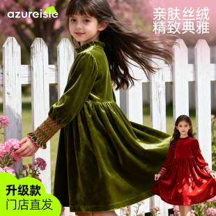 女童秋冬连衣裙新款女孩新年过年丝绒复古森系拜年高级感长袖裙子