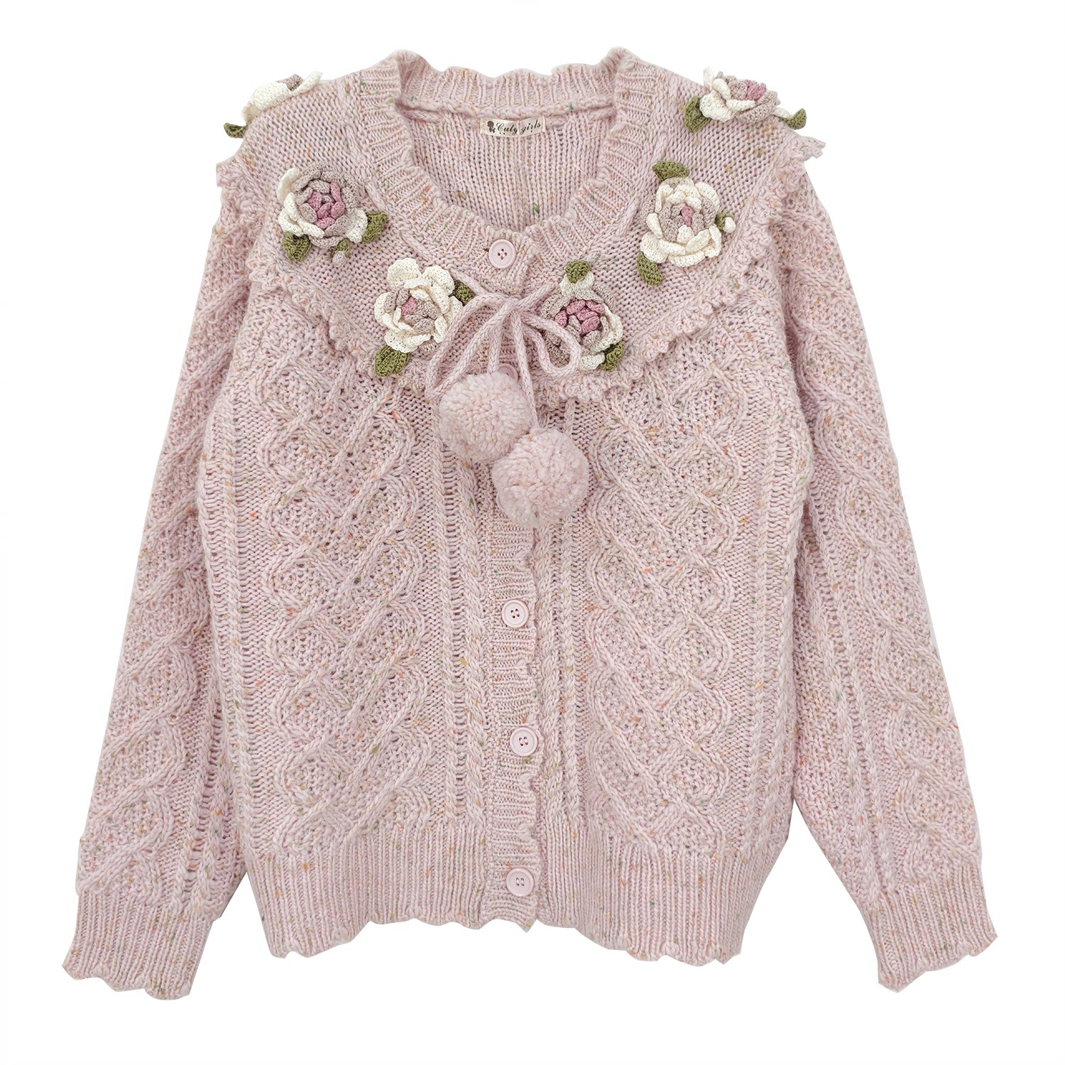 Cuty定制 日系少女风手钩立体玫瑰花点点糖果色羊毛混纺复古开衫