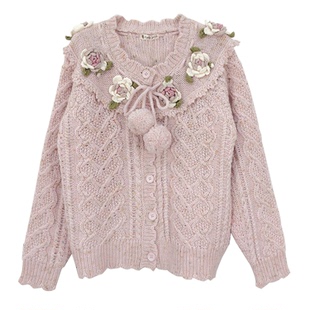 cuty定制 日系少女风手钩立体玫瑰花点点糖果色羊毛混纺复古开衫
