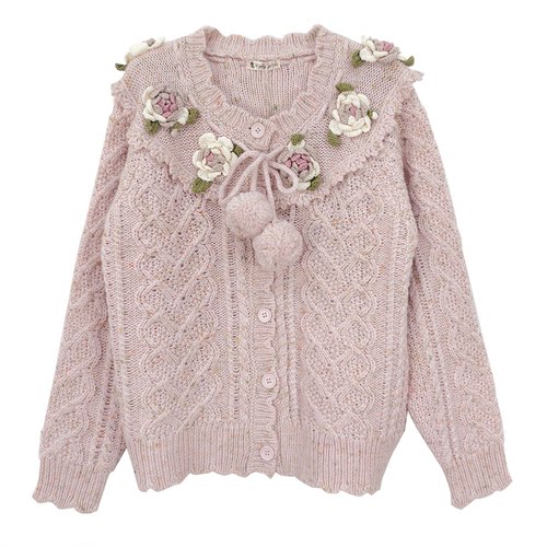 cuty定制  日系少女风手钩立体玫瑰花点点糖果色羊毛混纺复古开衫