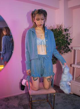 Cuty定制 日系KITTY糖果色草莓纽扣百搭开衫+绑带休闲短裤