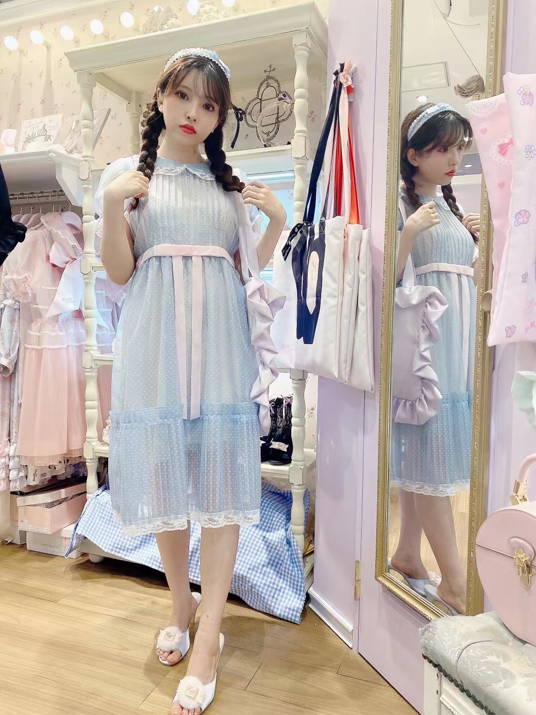 日系薄纱提花圆点法式复古纱裙