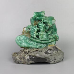 一帆风顺船四川翡翠新绿全天然青田石雕刻摆件出入平安大发展直销