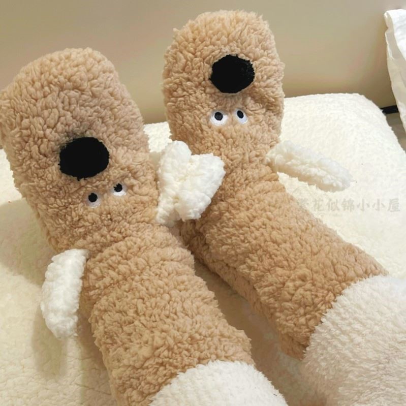 小狗袜子暖脚神器地板袜女睡眠袜毛绒加厚保暖袜可爱卡通居家长袜