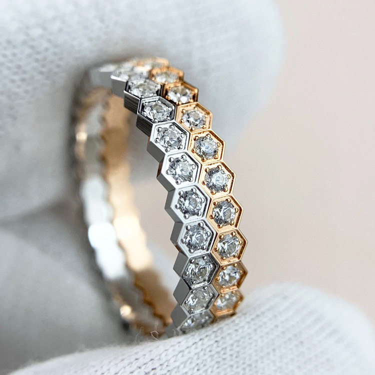 潮流新款尚美家指环钛钢蜂巢戒指女情侣满天星对戒玫瑰金蜂窝戒