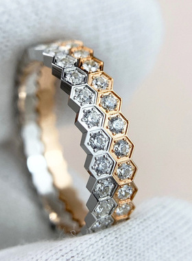 潮流新款尚美家指环钛钢蜂巢戒指女情侣满天星对戒玫瑰金蜂窝戒