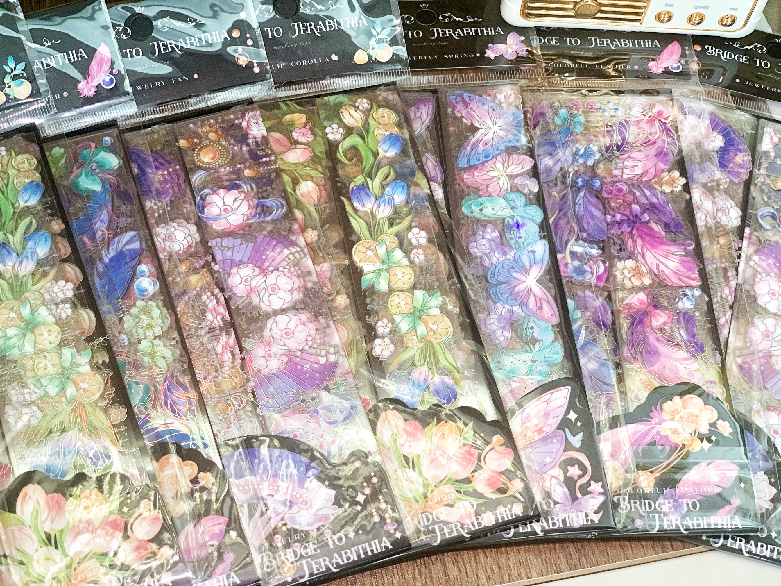 仙境之桥立体烫金PET贴纸高颜值复古蝴蝶植物花卉手帐素材装饰贴图片